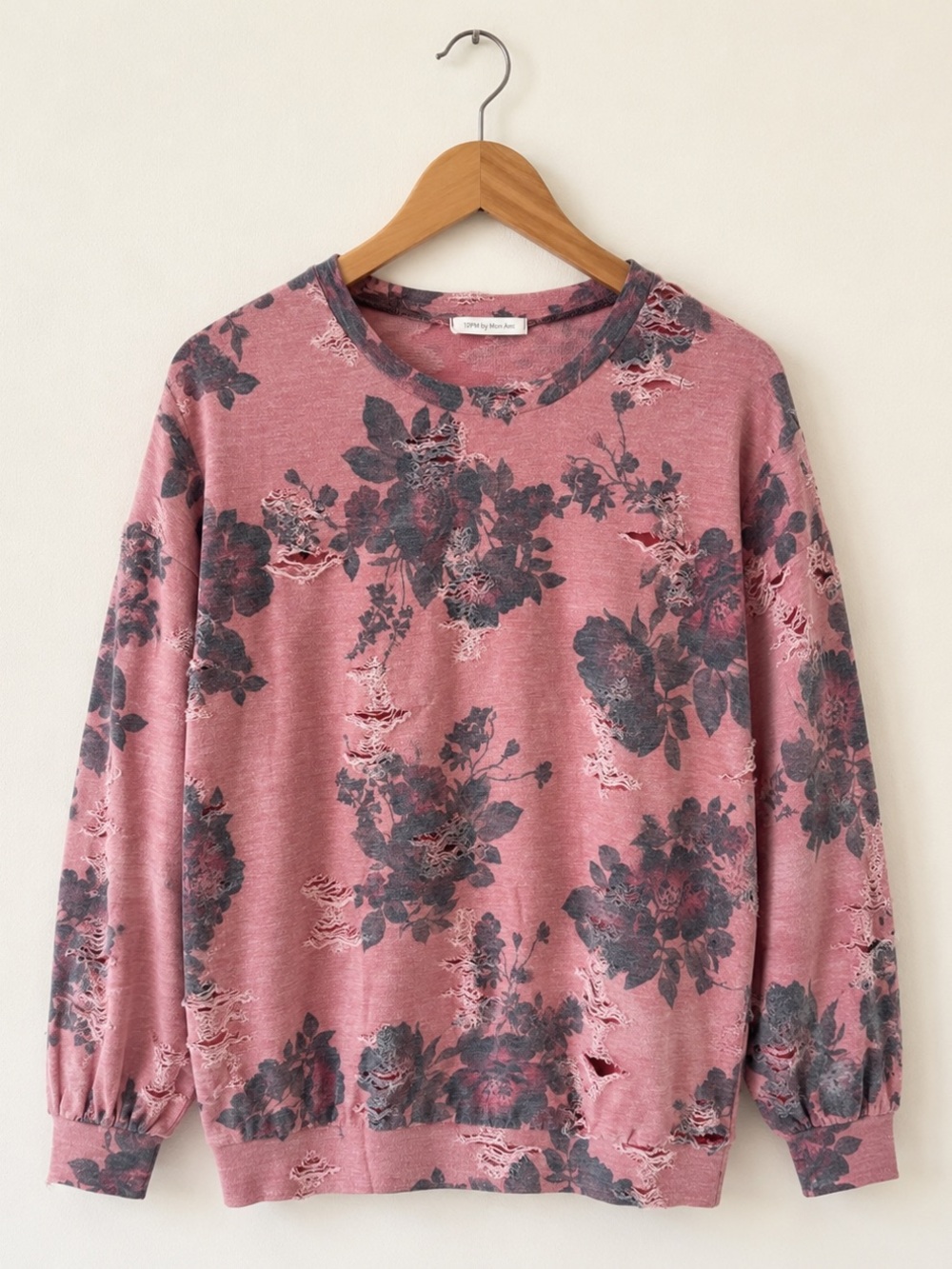 12PM by Mon Ami Distressed Floral Sweatshirt Pink Gray Size Medium